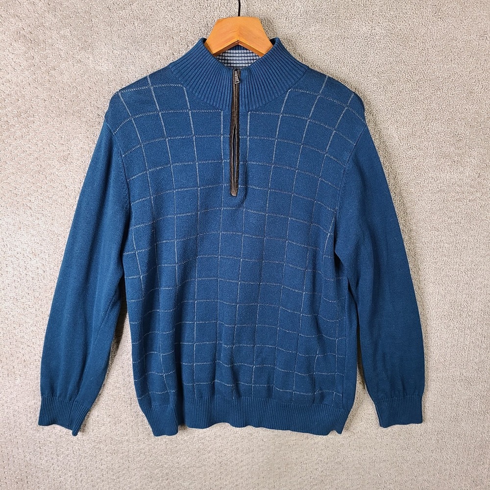 Alan Flusser Sweater Mens Medium Blue Check 1/4 Zip‎ Mock Neck Cotton Golf Teal